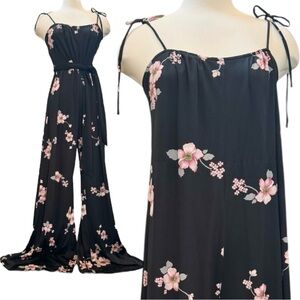 Vintage Frederick’s of Hollywood Silky Black 70s Floral Palazzo Pant Jumpsuit XL